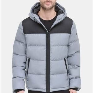 DKNY Silver Grey Men's Mixed-Media Puffer Coat Jacket Small NWOT